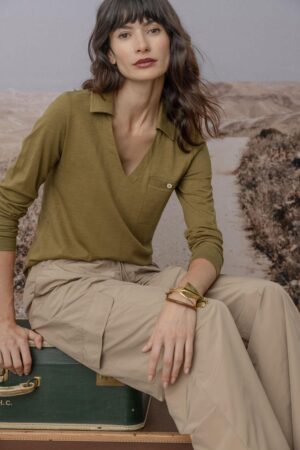 Long Sleeve Collared V-Neck Top