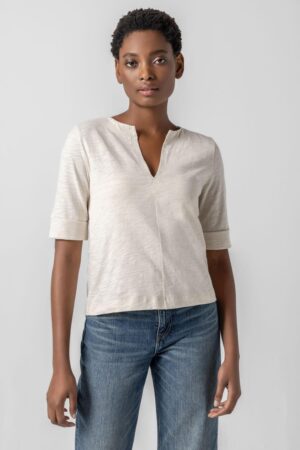 Cuffed Sleeve Split Neck
